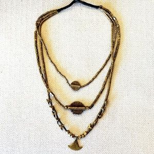 Unisex Tribal necklace, gold pendants, 3 tiered